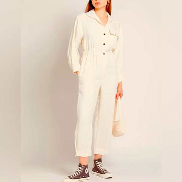 Sandro long-sleeved ivory pant Jumpsuit with gold snap buttons.Women’s M - Picture 1 of 13